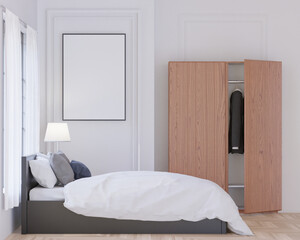 3D Modern interior of bedroom with mockup photo frame