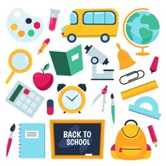 Back to school. Kids educational accessories, learning items, writing tools, backpack, blackboard and books. Yellow bus, globe and microscope. Vector flat cartoon isolated set