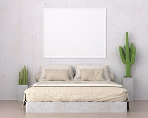 3D Modern interior of bedroom with mockup photo frame