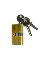 door lock cylinder with bunch of keys on white background
