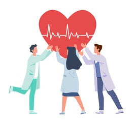 Heart Support. Doctors and nurses hold huge heart, cardiology team, professional aid and therapy, treatment in hospital, medical and health care concept vector cartoon isolated illustration
