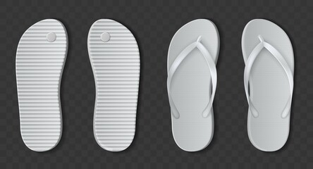 White flip flops sandals. Realistic beach rubber slippers. Bathroom or pool shoes set with open fingers. Summer barefoot. Top view of vector isolated footwear pair with plastic sole