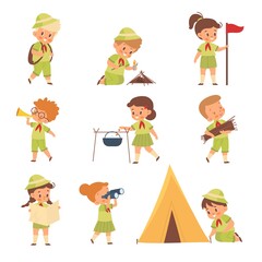 Scouts kids. Boys and girls in uniform learning survival in wild. Young nature explorers and adventurers build camp. Children characters put up tent or light a fire. Vector pupils set