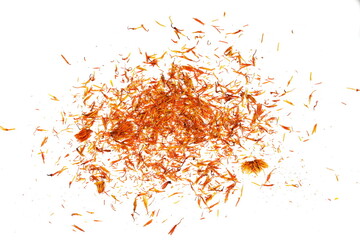 Saffron spice threads (strands) isolated on white background. Saffron sprinkle on white. Red spice isolated.