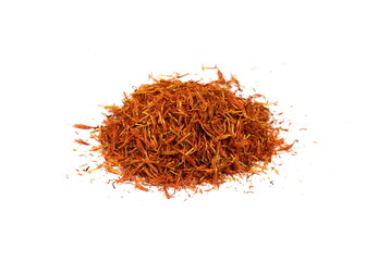 Saffron spice threads (strands) isolated on white background. Saffron sprinkle on white. Red spice isolated.