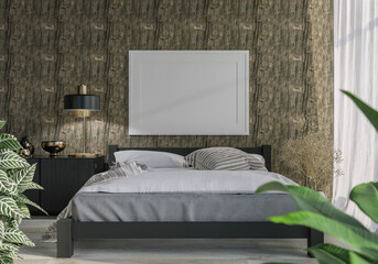 3D Modern interior of bedroom with mockup photo frame