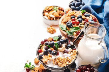 Muesli bowl and organic ingredients for healthy breakfast. Granola, nuts, blueberry, cranberry, oatmeal, greek yoghurt, whole grain flakes on white table