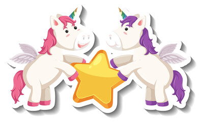 Two cute unicorns holding star together cartoon sticker