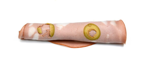 Slices of Sausage Mortadella with olives isolated on white background. Thin slices of mortadella ham. 