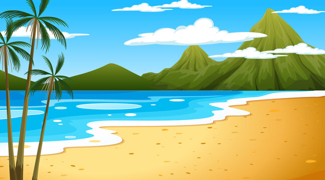Beach at daytime landscape scene with mountain background