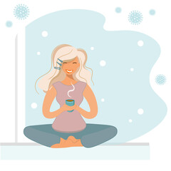 The girl sits by the window and drinks coffee. Woman against the background of falling snow during the coronavirus period. The blonde is protected in a cozy home with hot coffee in warm hands. Vector