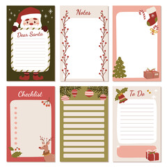Set of Christmas santa reindeer and ornaments stationery for notes, tasks, to do list, organizer and planner - obrazy, fototapety, plakaty