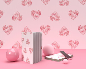 Pink study table with stationery, notebook, phones and book, 3D rendering