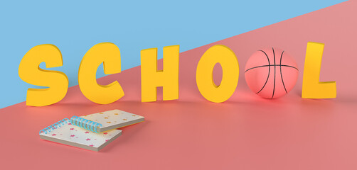 3d  school text on blue and pink background