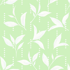 Tea leaves seamless pattern. Food background with tea leaves watercolour in hand drawn style. Tea background for paper, textile, wrapping and wallpaper.