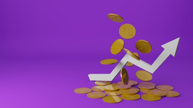Coins falling with arrows going up. ฺBusiness investment concept. 3d render illustration.