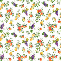 Beautiful vector seamless pattern with hand drawn watercolor tasty summer pear apple grape fruits. Stock illustration.