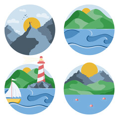 Obraz premium Circle icons of summer landscapes with different views on sea, mountains, and hills. Vector illustration in a flat style. Vector illustration