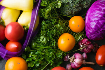 Lots of vegetables: garlic, cabbage, broccoli, cilantro, parsley and tomatoes on a dark tabletop. Vegetables in a reusable fruit and vegetable bag. Ecology protection concept