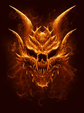 Fire demon skull on the dark background. Digital painting.