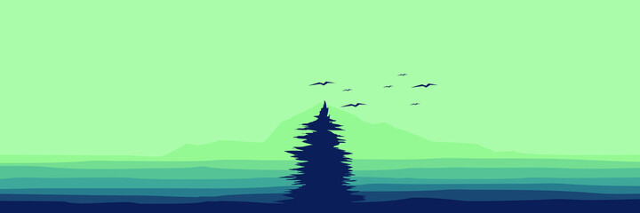 tree with bird silhouette vector flat design illustration good for wallpaper design, design template, background template, and tourism design template