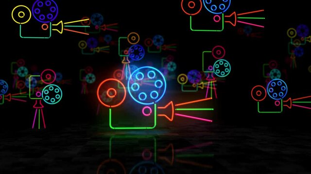 Cinema neon glowing symbol. Light color bulbs. Movie projector, film, video camera, multimedia and entertainment abstract concept 3d animation.