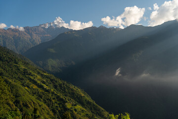 Machapuchare mountain peak, holy peak in Annapurna range, Himalaya mountains range in Pokhara, Nepal