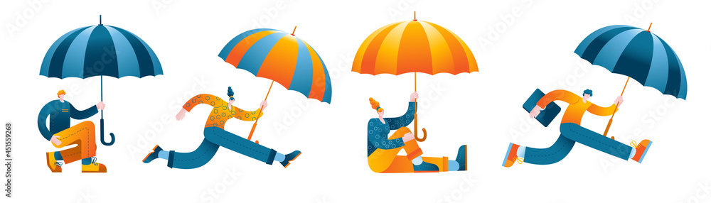 Aufkleber characters with umbrellas in various poses. a set of vector isolated illustrations in a flat style o