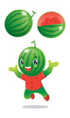 watermelon vector with sliced and funny fruit character