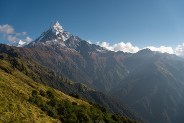 Machapuchare mountain peak , holy mountain peak in Annapurna range, Himalaya mountains range in Pokhara, Nepal