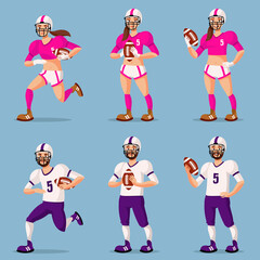 American football players in different poses. Male and female persons in cartoon style.