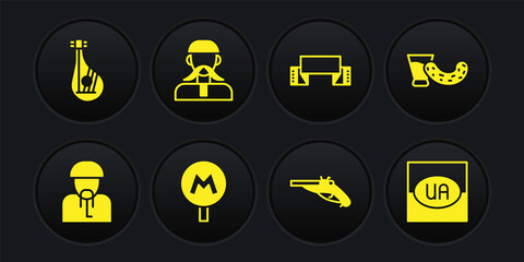 Set Ukrainian cossack, Glass with vodka, Metro or Underground, Vintage pistols, Embroidered towel, Flag of Ukraine and Bandura icon. Vector