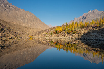 Upper Kachura Lake in autumn season, Karakoram mountains range in Skardu, Gilgit Baltistan north Pakistan