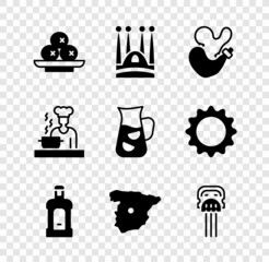 Set Olives on plate, Sagrada Familia, Spanish wineskin, Orujo, Map of Spain, Peineta, cook and Sangria icon. Vector