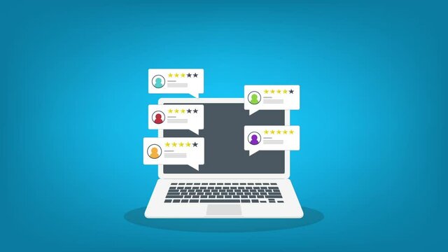Review rating online on a laptop. Customer feedback testimonials. Digital reviews stars with good and bad rate experience.