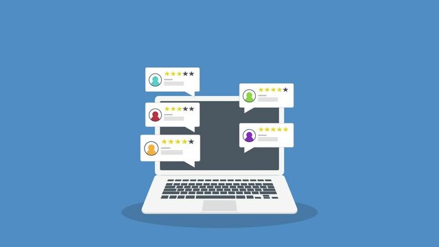 Review rating online on a laptop. Customer feedback testimonials. Digital reviews stars with good and bad rate experience.