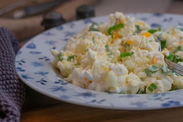 Vegetarian high protein meal with low fat cottage cheese, boiled eggs and chives