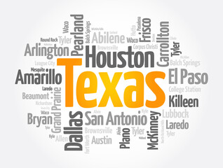 List of cities in Texas USA state word cloud, concept background