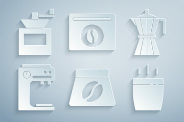 Set Bag of coffee beans, Coffee moca pot, machine, cup, and Manual grinder icon. Vector