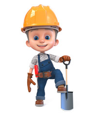 3D illustration of a construction worker in overalls with a shovel