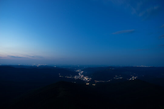 Beautiful night landscape, panorama of the small town of Yaremche in the Carpathian mountains © onyx124
