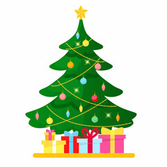 Decorated Christmas Tree with Gifts, Lights, Garland, Star. Beautiful Xmas Artwork in Flat Style. Vector illustration.