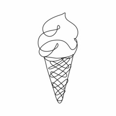 Ice Cream Made in Continuous Line Art Style. Doodle Element. Linear Waffle Cone with Editable Stroke. Vector Illustration.