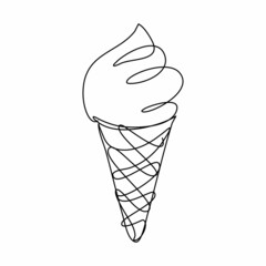 Ice Cream Made in Continuous Line Art Style. Doodle Element. Linear Waffle Cone with Editable Stroke. Vector Illustration.