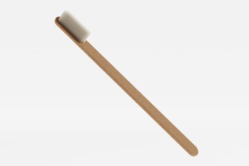 Wooden or bamboo toothbrush mockup, angle view. Dental care and oral hygiene, ecological clean organic product for recycling, tooth brush isolated on white background. Realistic illustration 3d render