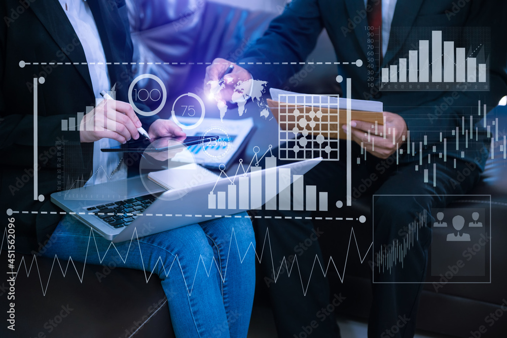 Poster data management system with business analytics concept. business team hands working with provide inf