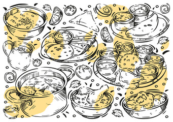 Hand drawn vector line illustration food on white board. Doodle Indian cuisine: dosa, vindaloo, hyderabadi biryani, basmati rice, samosa, masala tea, dosa, chapati, chicken curry - obrazy, fototapety, plakaty