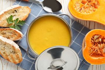Concept of tasty food with pumpkin soup