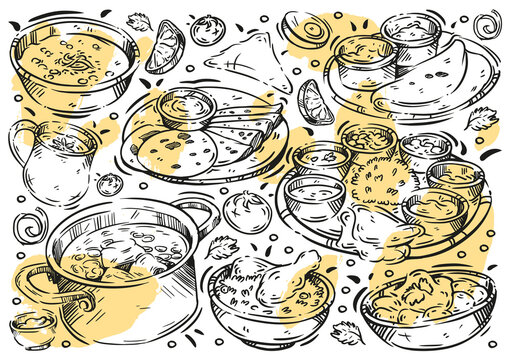 Hand drawn vector line illustration food on white board. Doodle Indian cuisine: dosa, vindaloo, hyderabadi biryani, basmati rice, samosa, masala tea, dosa, chapati, chicken curry