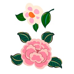 Two flowers in Chinese style Isolated on white background. Vector illustration. Traditional asian painting, buddhism, religion, botanical, blossom, leaves, petal, floristic. Doodle, clip art, cartoon.